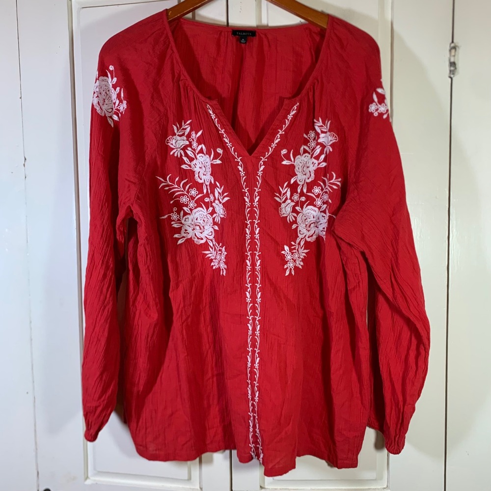 Talbots Red Crinkle Cotton Embroidered Floral Peasant Blouse XL Long Sleeve